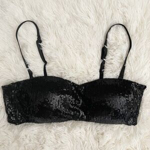 Black Sequins Tube Top Womens Size XL Bra Shiny Cropped Padded Lined Sleeveless